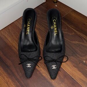 Chanel Black Mules with Bow Accent